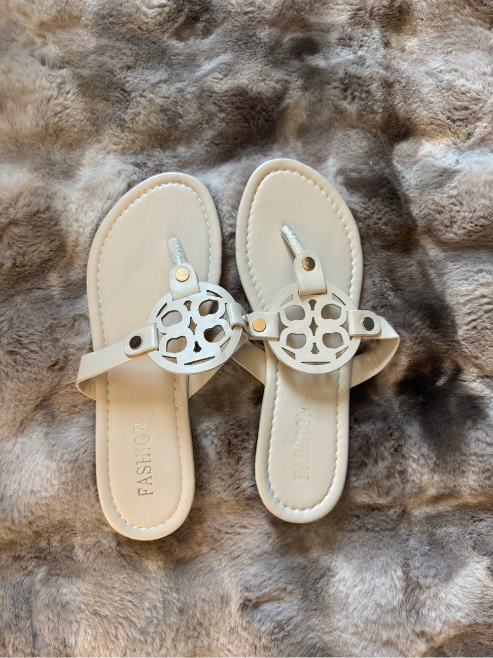 Women’s White Decorative Medallion Thong Sandals